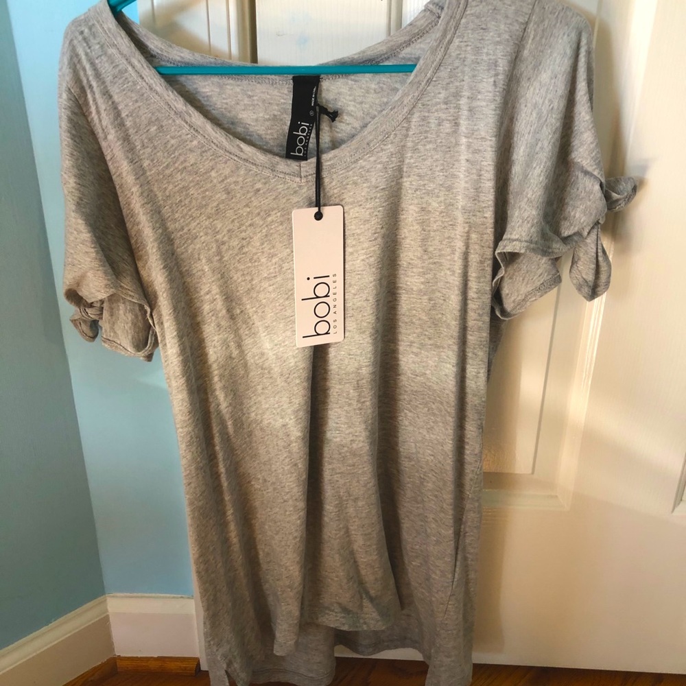 gray off the shoulder shirt